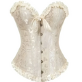 Cream-colored steampunk corset with intricate detailing featuring lace, floral embroidery, and ruffled trim in high-quality materials