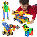 Stem educational building blocks set with 101 brightly colored interlocking plastic pieces and black wheels by eti toys