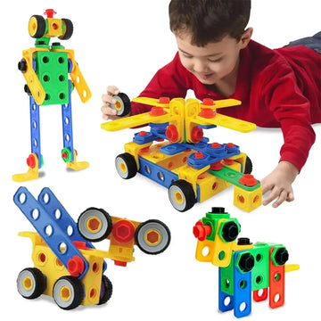 Stem educational building toy set with 101 brightly colored interlocking plastic blocks and black wheels by eti toys