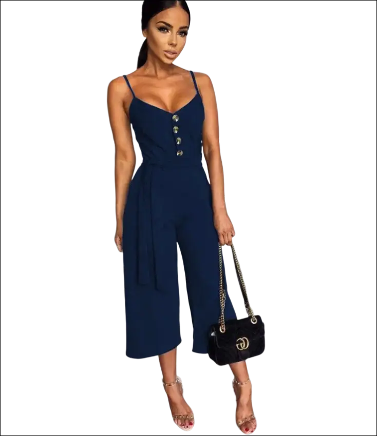 Navy blue strap jumpsuit with button front and wide-leg cropped pants for luxury women’s fashion