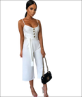 White sleeveless strap jumpsuit with gold-tone buttons and matching belt for luxury womens fashion and plus size dresses bikinis