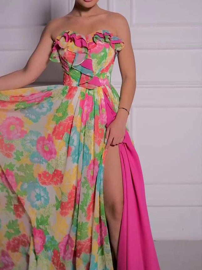 Strapless Floral Print Maxi Dress - Royalessencelux