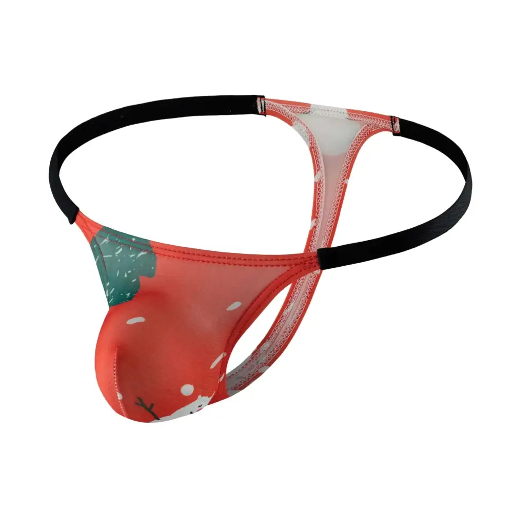 Red and green strawberry-themed mens polyester thong g string with black elastic waistband in size xxl viewed from front