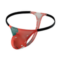 Red and green strawberry-themed mens polyester thong g string with black elastic waistband in size xxl viewed from front
