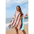 Striped loose plus size knitted beach cover-up with bold vertical stripes in pink black maroon and turquoise for plus size bikini use