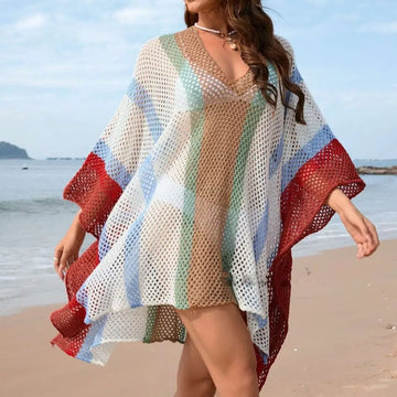 Colorful knitted striped loose plus size bikini blouse with bold vertical stripes in red blue green beige and white