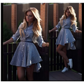 Blue and white striped female long sleeved dress cocktail casual with a flared skirt and belted waist 2021ebay fast selling