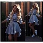 Blue and white striped female long sleeved dress cocktail casual with a flared skirt and belted waist 2021ebay fast selling