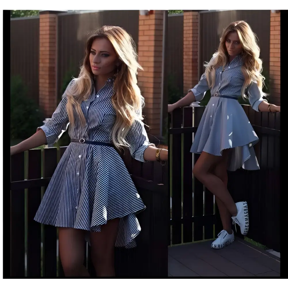 Blue and white striped female long sleeved dress cocktail casual with a flared skirt and belted waist 2021ebay fast selling