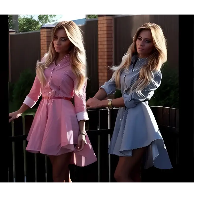 Striped pink female long sleeved dress cocktail casual with belted waist, rolled cuffs, and asymmetrical hemline fast selling 2021ebay