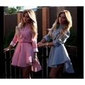 Striped pink female long sleeved dress cocktail casual with belted waist, rolled cuffs, and asymmetrical hemline fast selling 2021ebay