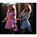 Pink and white striped female long sleeved dress cocktail casual with cinched waist and asymmetrical hemline 2021ebay fast selling