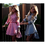 Pink and white striped female long sleeved dress cocktail casual with cinched waist and asymmetrical hemline 2021ebay fast selling