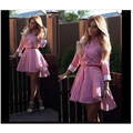 Pink and white striped female long sleeved dress cocktail casual with belted waist and flared skirt 2021ebay fast selling