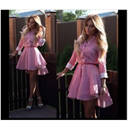 Pink and white striped female long sleeved dress cocktail casual with belted waist and flared skirt 2021ebay fast selling