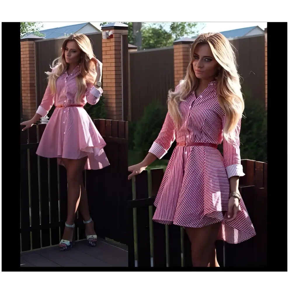 Pink and white striped female long sleeved dress cocktail casual with belted waist and flared skirt 2021ebay fast selling