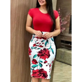 Striped printed office midi pencil dress featuring red and white floral skirt with bold red flowers and teal leaves