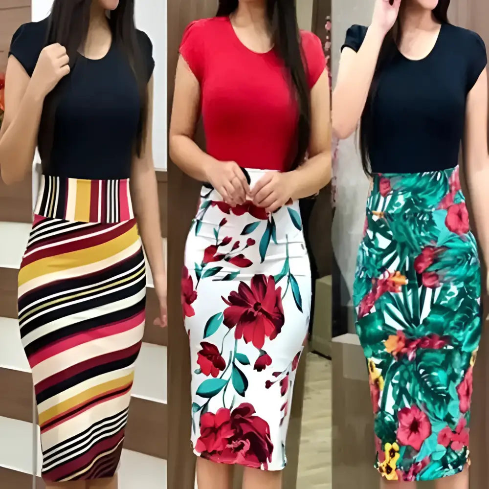 Three women model black short-sleeved tops with striped printed office midi pencil skirts in bold patterns