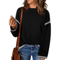 Black knit pullover knit sweater with white striped accents on sleeves and hem featuring a round neck pullover design