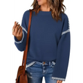 Navy blue round neck pullover knit sweater with white striped accents on sleeves and hem in soft knit fabric