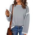 Gray knit round neck pullover knit sweater with white striped cuffs and shoulder accents for casual wear