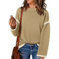 Beige knit pullover knit sweater with white ribbed trim on sleeves and hem featuring a round neck pullover design