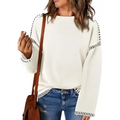 Off-white round neck pullover knit sweater with black and white striped trim along sleeves and hem