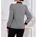 Black and white vertically striped block splicing shirt with puffed sleeves and black cuff collar color detail