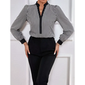 Black and white vertically striped long-sleeved block splicing shirt with cuff collar color and black placket details