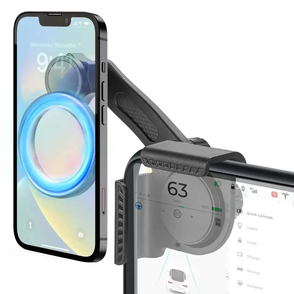 Black magnetic phone mount with strongest magnetic grip and textured adjustable arm for tesla model 3 center console