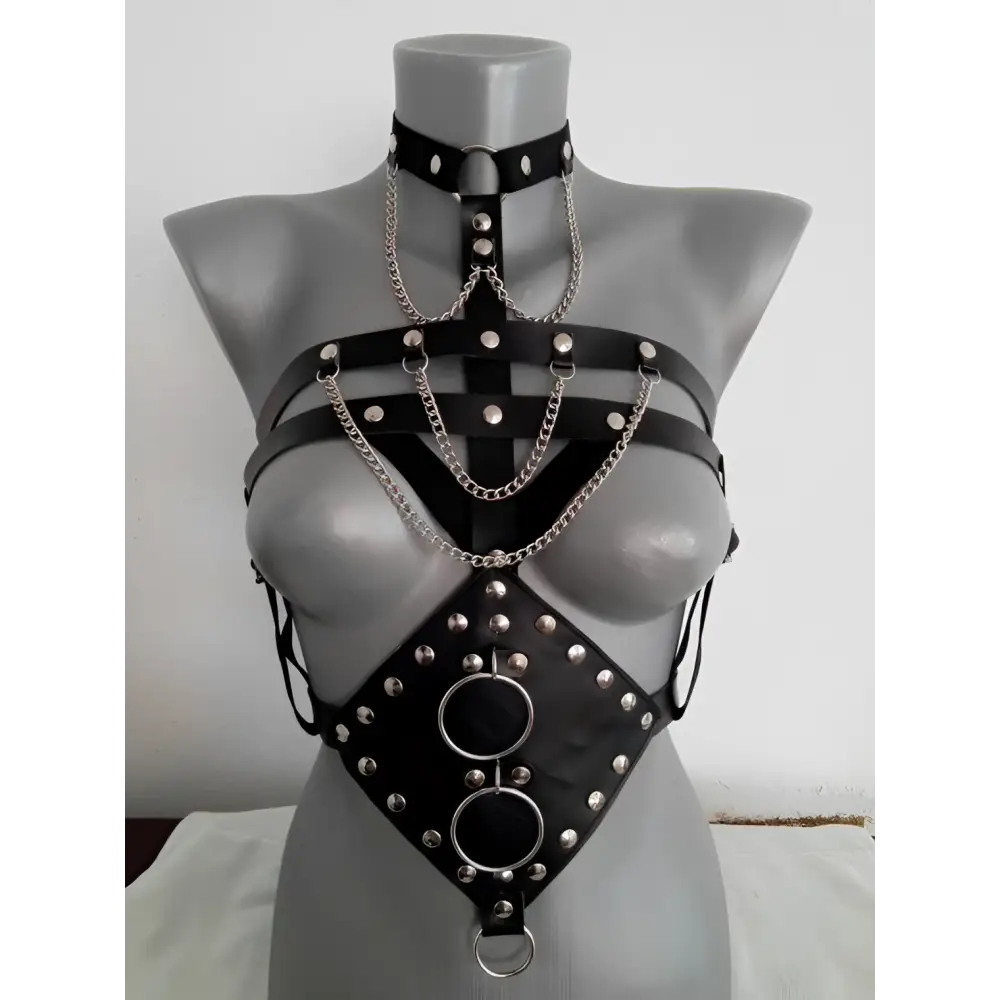 Black leather studded leather harness with silver rings studs and chains designed for harness perform dance use