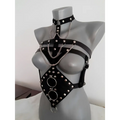 Black leather studded leather harness with silver metal studs rings and chains for perform dance costume use