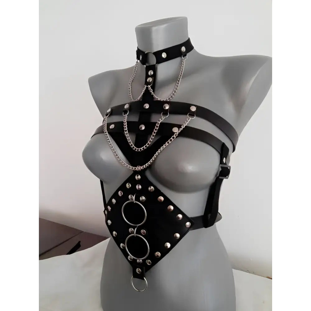 Black leather studded leather harness with silver metal studs rings and chains for perform dance costume use