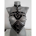 Black leather studded harness with silver metal rings studs and chains designed for harness perform dance use