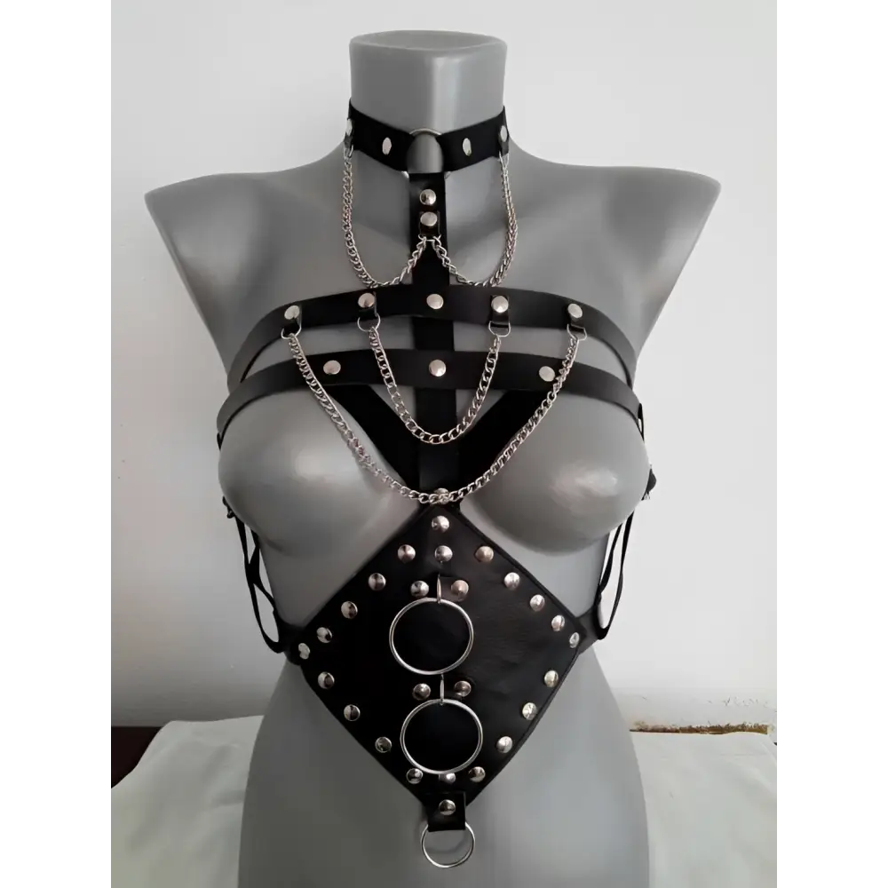 Black leather studded harness with silver metal rings studs and chains designed for harness perform dance use