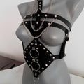 Black leather studded leather harness with silver chains and rings for harness perform dance costume use