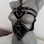 Black leather studded leather harness with silver chains and rings for harness perform dance costume use