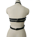 Black leather studded leather harness with multiple adjustable straps and silver buckles for harness perform dance use