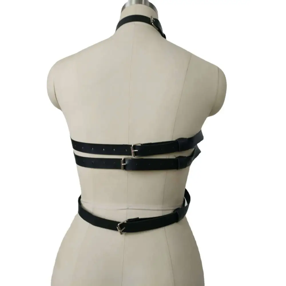Black leather studded leather harness with multiple adjustable straps and silver buckles for harness perform dance use