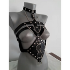 Black leather studded leather harness with silver studs and metal rings for perform dance costume use