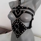 Black leather studded leather harness adorned with silver studs and chains for harness perform dance costume use