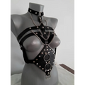 Black leather studded leather harness with silver studs and metal rings for harness perform dance costume