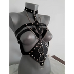Black leather studded leather harness with silver studs and metal rings for harness perform dance costume