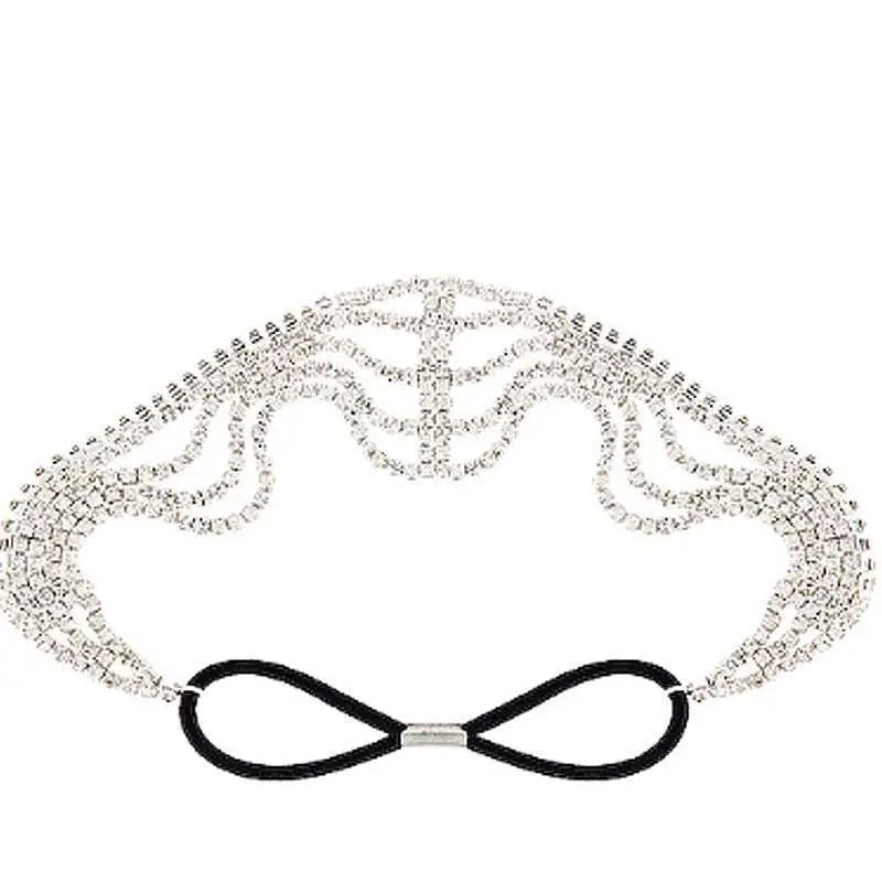 Style princess elastic multi layered rhinestone headband with sparkling silver stones and black elastic band closure