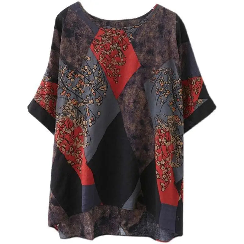 Stylish loose round neck printed patchwork blouse with bold red and gray floral geometric panels on dark fabric