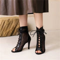 Black mesh lace-up high-heeled ankle boots with a stylish peep toe and hollow mesh design for dance heels