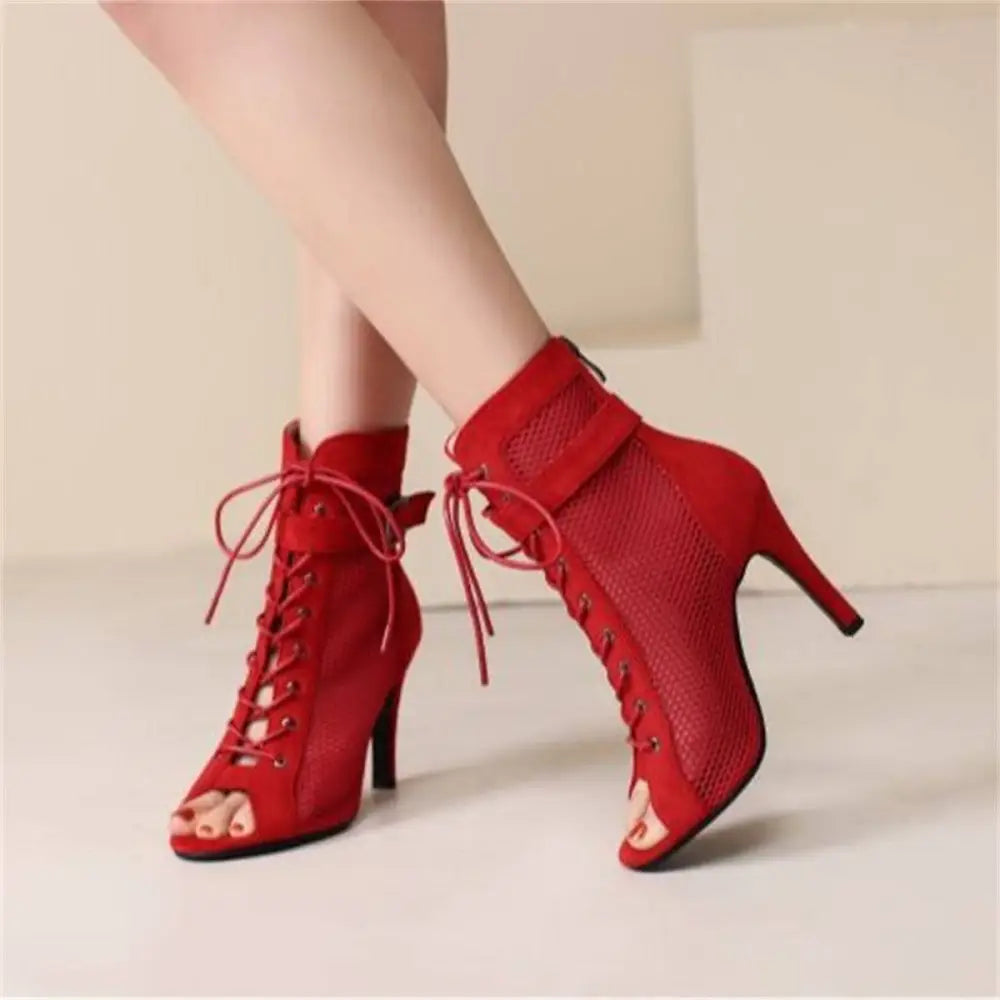 Stylish peep toe red suede and mesh lace-up ankle dance heels with hollow mesh design and high stiletto heel