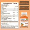 A clear plastic bottle with a white cap contains orange vegan turmeric ginger sugar-free curcumin soft candy gummies for daily wellness