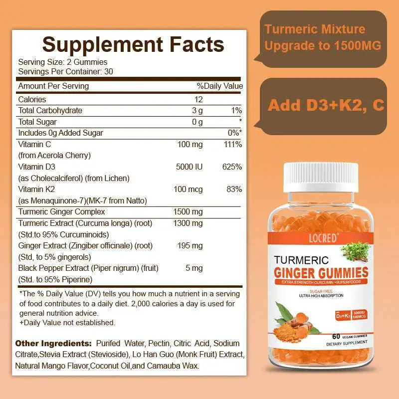 A clear plastic bottle with a white cap contains orange vegan turmeric ginger sugar-free curcumin soft candy gummies for daily wellness