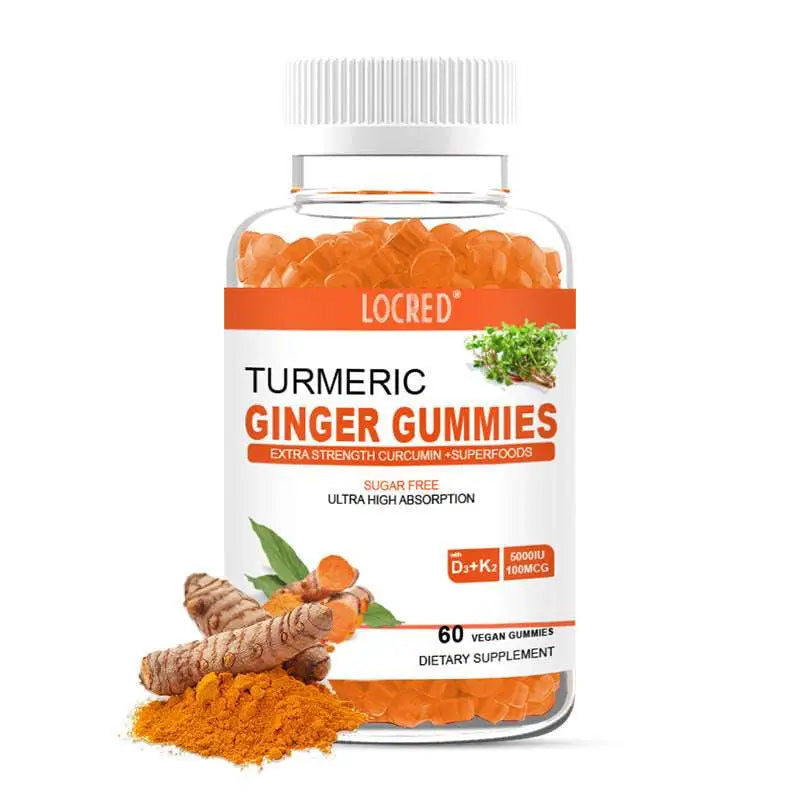 A clear plastic bottle with white ribbed cap contains orange sugar free vegan turmeric ginger gummies for daily wellness